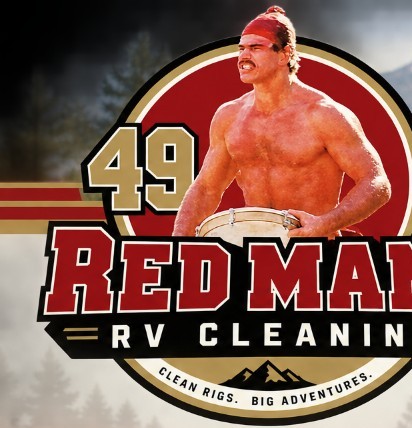 Red Man's RV Cleaning logo — circular 49 Red Mans badge with mascot, painted RED MANS and RV CLEANING
